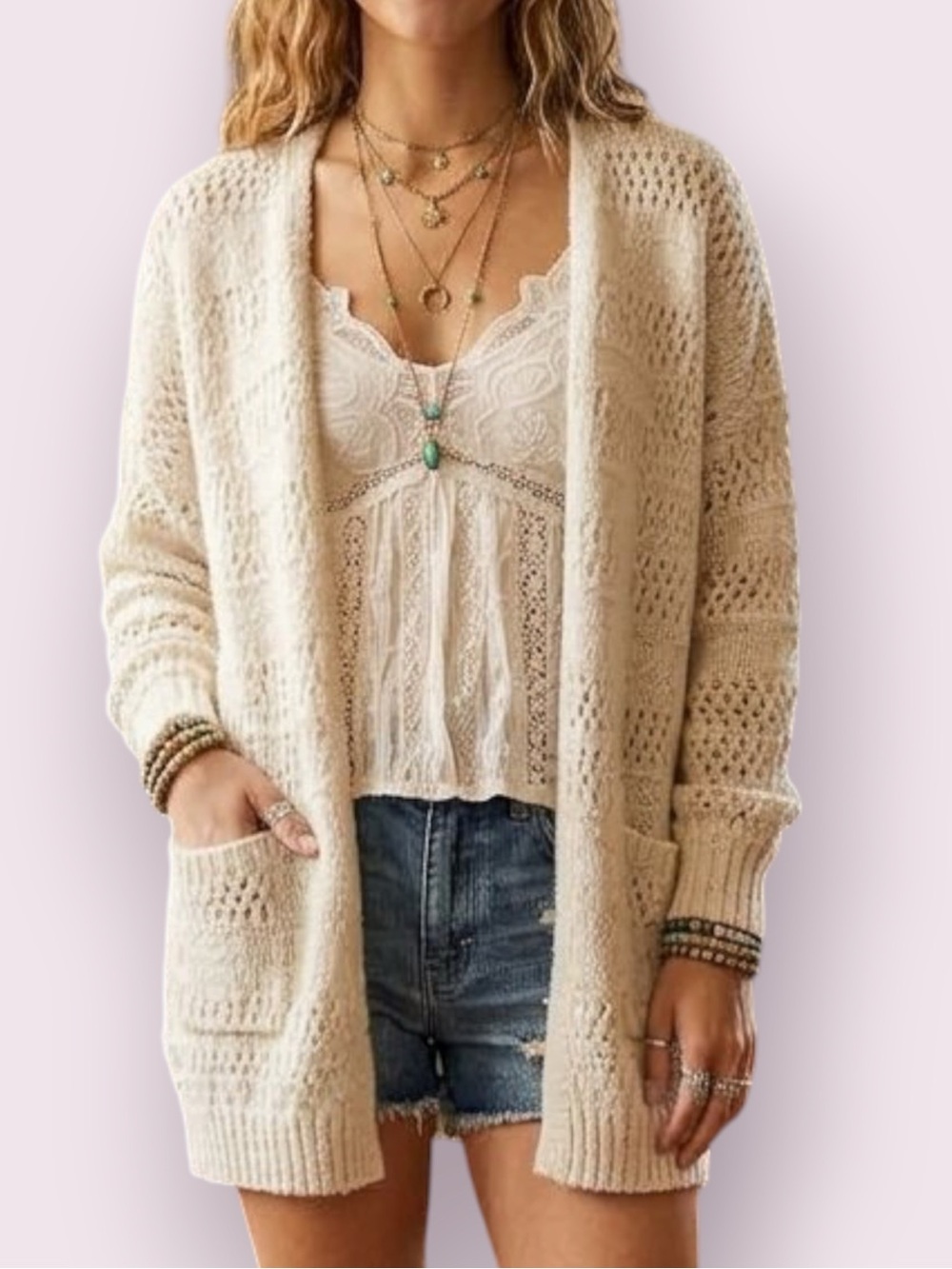 Luna Ivy Cozy Textured Open Weave Cardigan Sweater Cream Size Small/Medium